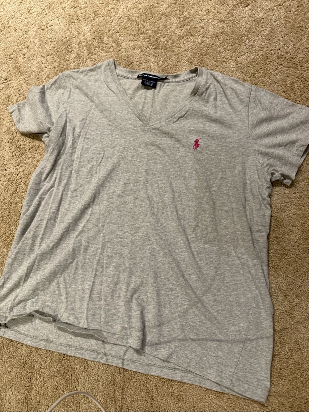 Ralph Lauren Sport Gray Short Sleeve V-Neck T-Shirt Pink Pony Logo XL
